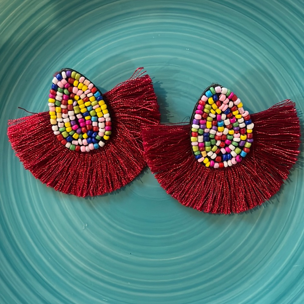 Multi Color Beads Teardrop Half Moon Maroon Threads Tassel Post Earrings